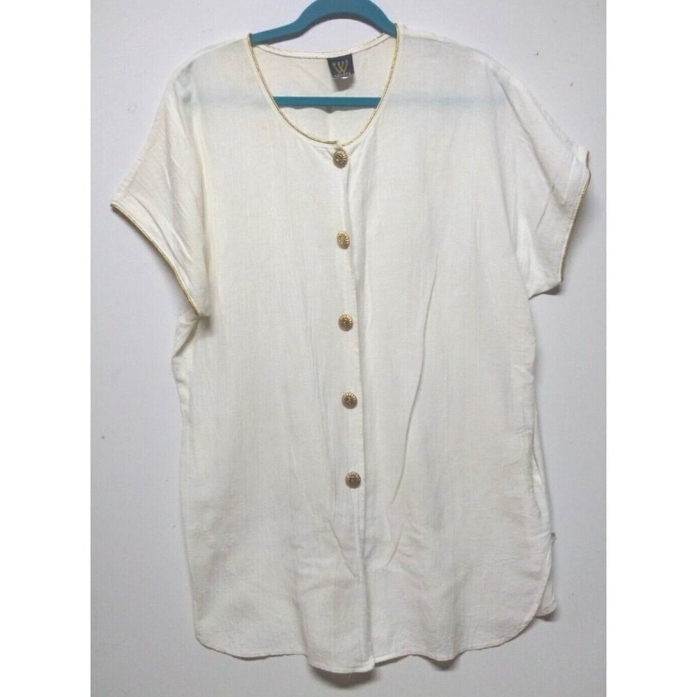 Wearabouts Cover-Up Beach Top tunic Ivory Sz M Gold Buttons & trim textured USA